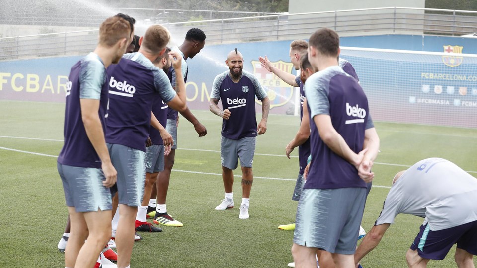 Arturo Vidal greeted by his new teammates.