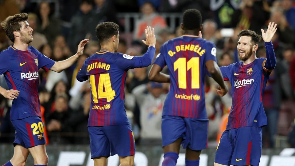 Messi, shown with Coutinho, DembÃ©lÃ© and Sergi Roberto, has scored 29 goals in La Liga